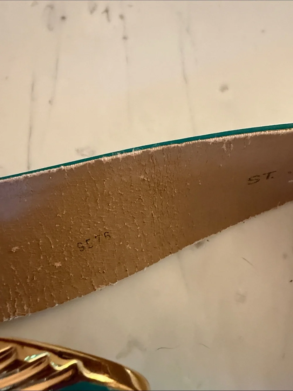 St. John blue green 2” wide Leather Belt Enamel VINTAGE Gold 9576 sz 2 80s power - Picture 3 of 8